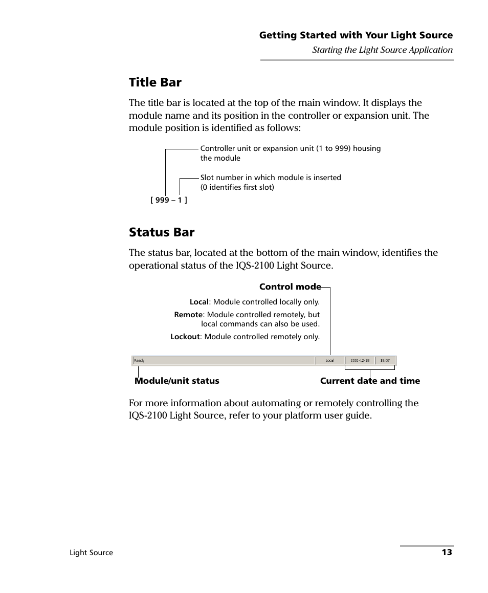 Title bar, Status bar | EXFO IQS-2100 Light Source for IQS-500/600 User Manual | Page 19 / 82