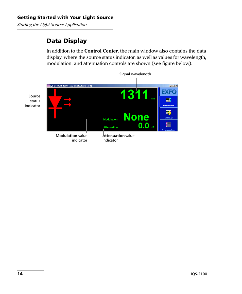 Data display | EXFO IQS-2100 Light Source for IQS-500/600 User Manual | Page 20 / 82