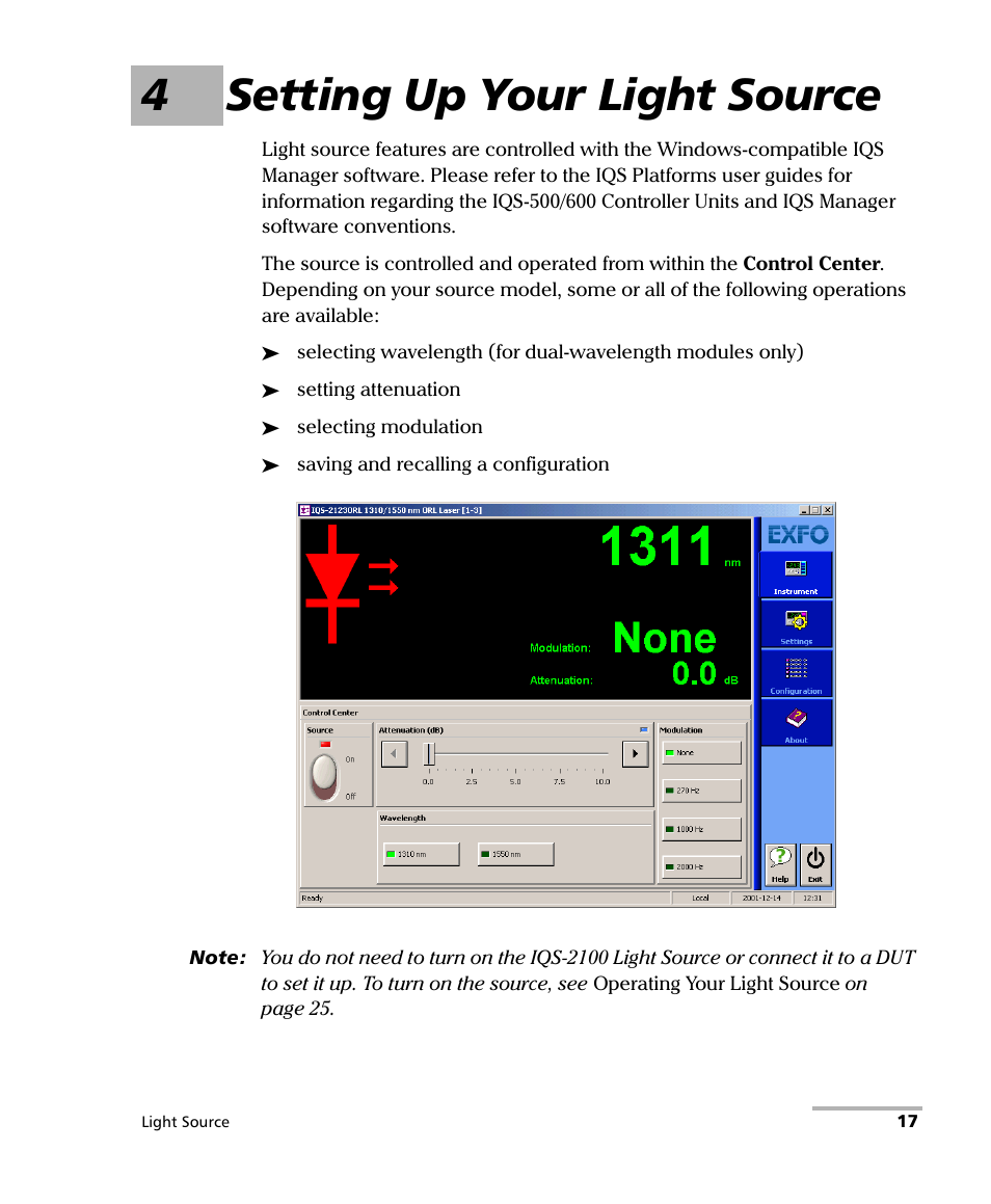 4 setting up your light source, 4setting up your light source | EXFO IQS-2100 Light Source for IQS-500/600 User Manual | Page 23 / 82