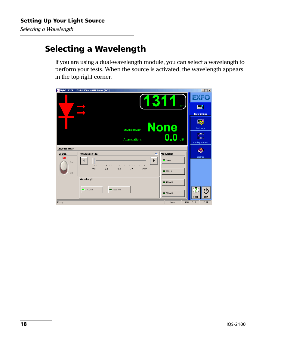 Selecting a wavelength | EXFO IQS-2100 Light Source for IQS-500/600 User Manual | Page 24 / 82