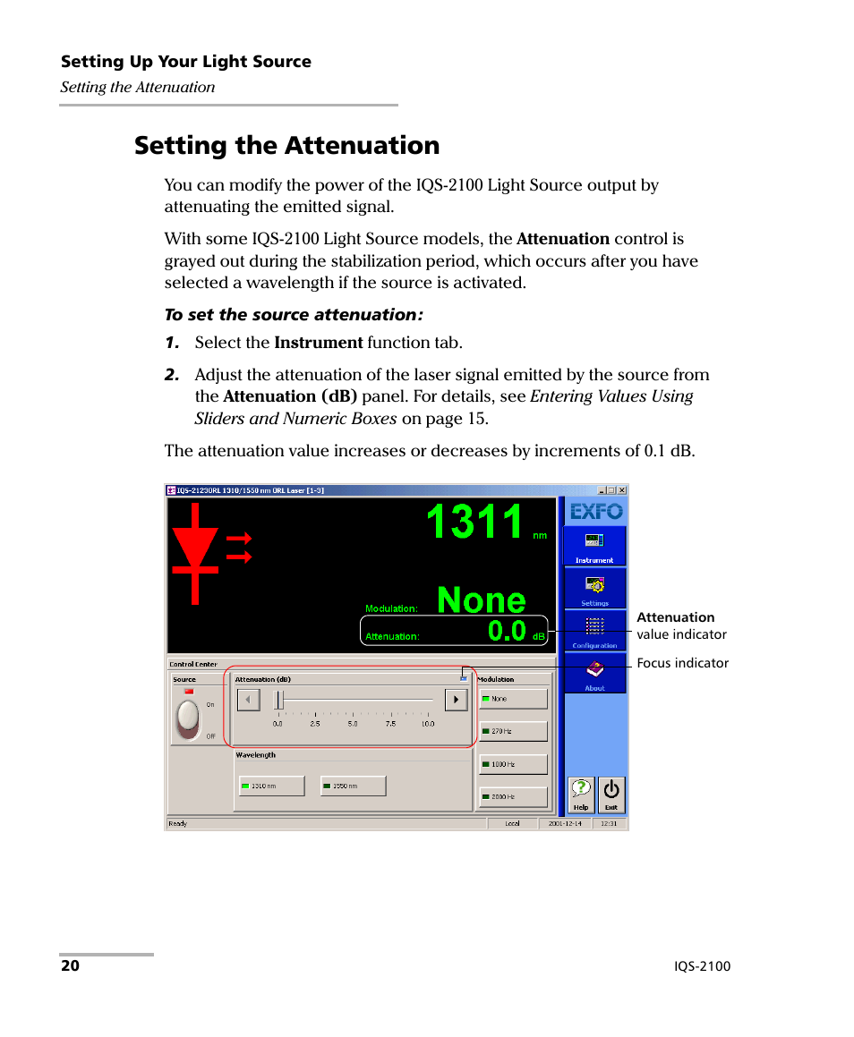 Setting the attenuation | EXFO IQS-2100 Light Source for IQS-500/600 User Manual | Page 26 / 82