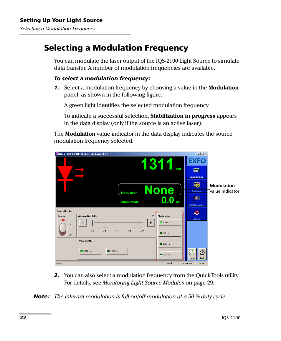 Selecting a modulation frequency | EXFO IQS-2100 Light Source for IQS-500/600 User Manual | Page 28 / 82