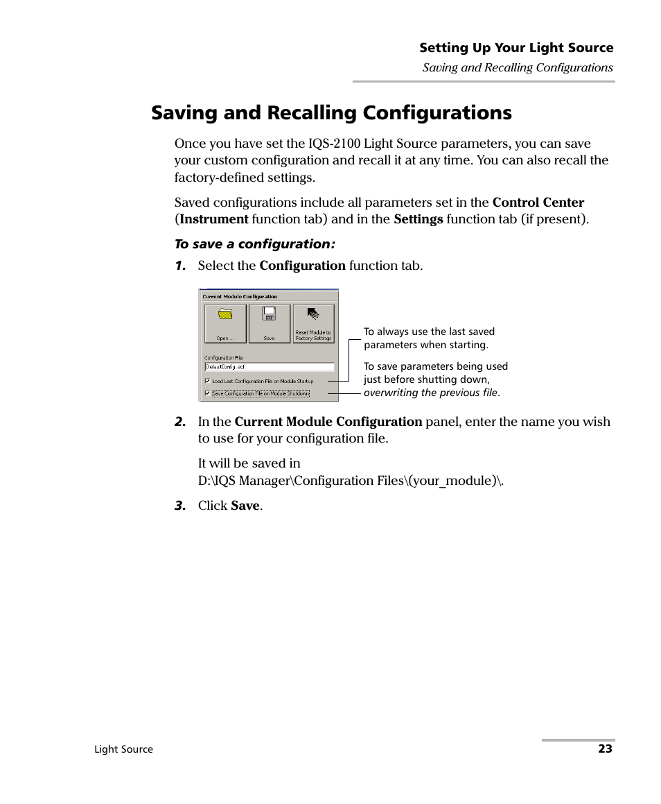 Saving and recalling configurations | EXFO IQS-2100 Light Source for IQS-500/600 User Manual | Page 29 / 82