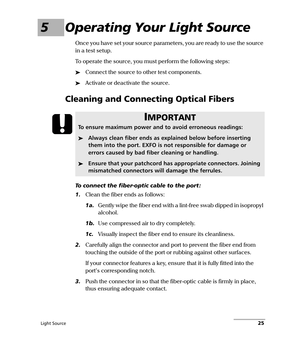 5 operating your light source, Cleaning and connecting optical fibers, 5operating your light source | Mportant | EXFO IQS-2100 Light Source for IQS-500/600 User Manual | Page 31 / 82
