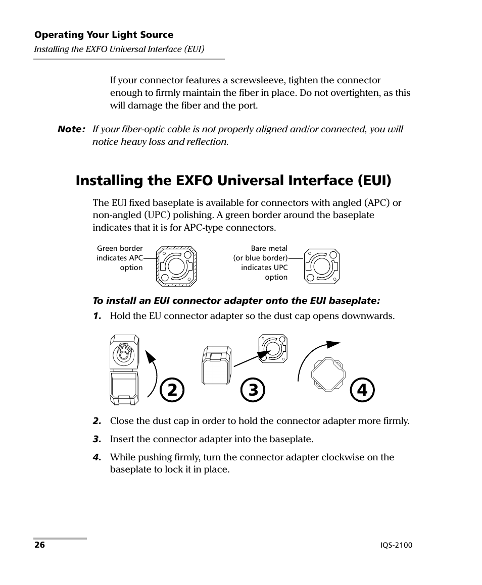 Installing the exfo universal interface (eui) | EXFO IQS-2100 Light Source for IQS-500/600 User Manual | Page 32 / 82
