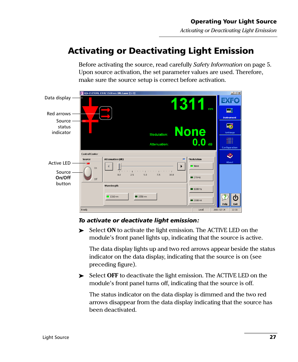 Activating or deactivating light emission | EXFO IQS-2100 Light Source for IQS-500/600 User Manual | Page 33 / 82