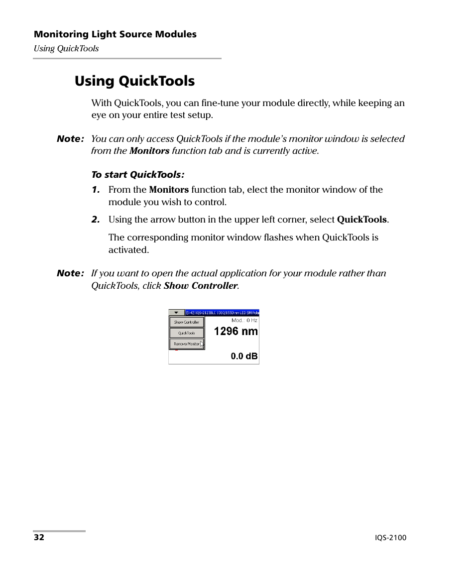 Using quicktools | EXFO IQS-2100 Light Source for IQS-500/600 User Manual | Page 38 / 82
