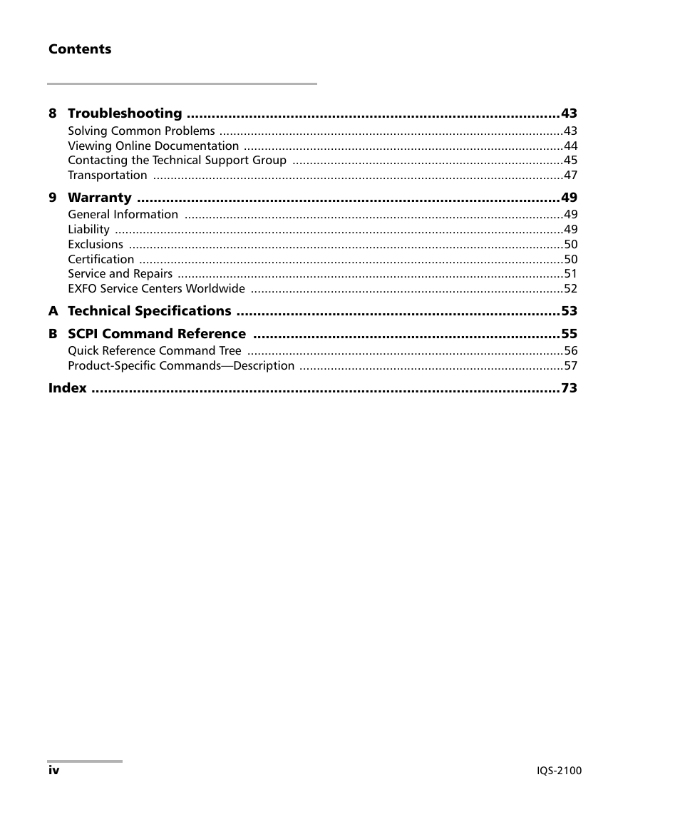 EXFO IQS-2100 Light Source for IQS-500/600 User Manual | Page 4 / 82