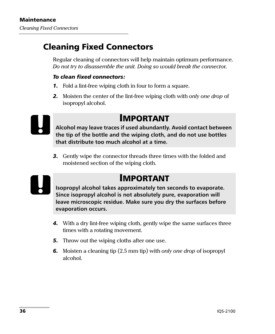 Cleaning fixed connectors, Mportant | EXFO IQS-2100 Light Source for IQS-500/600 User Manual | Page 42 / 82