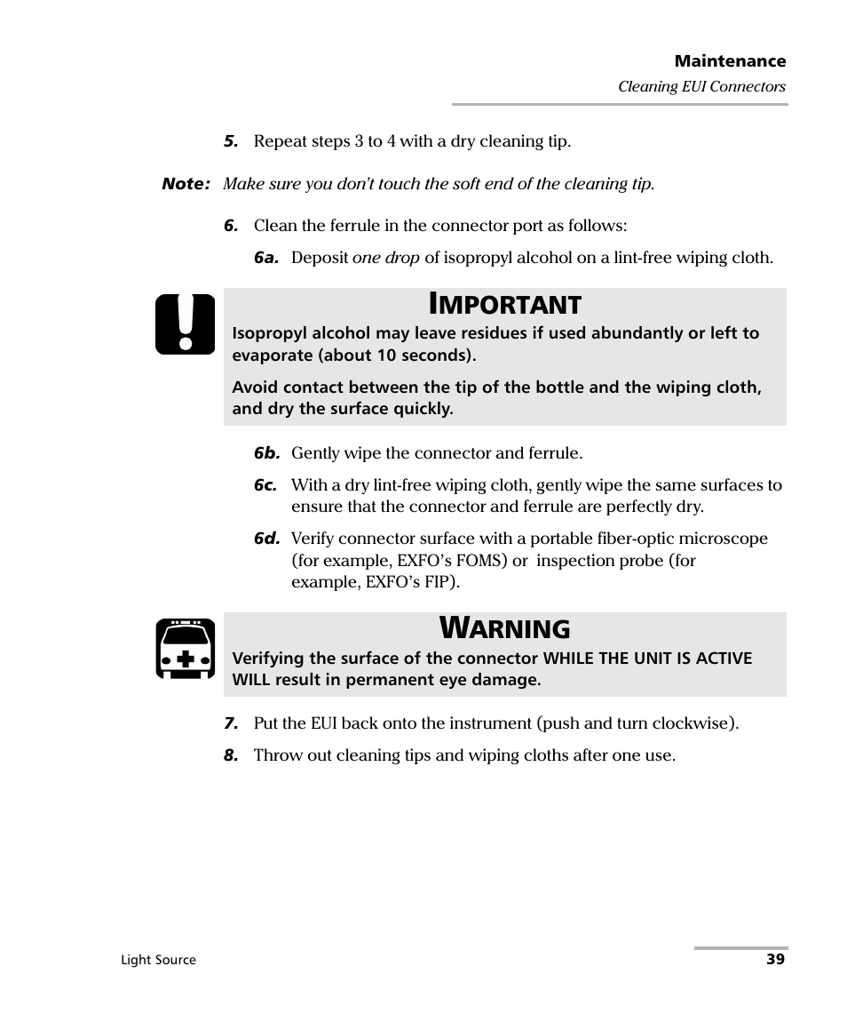 Mportant, Arning | EXFO IQS-2100 Light Source for IQS-500/600 User Manual | Page 45 / 82