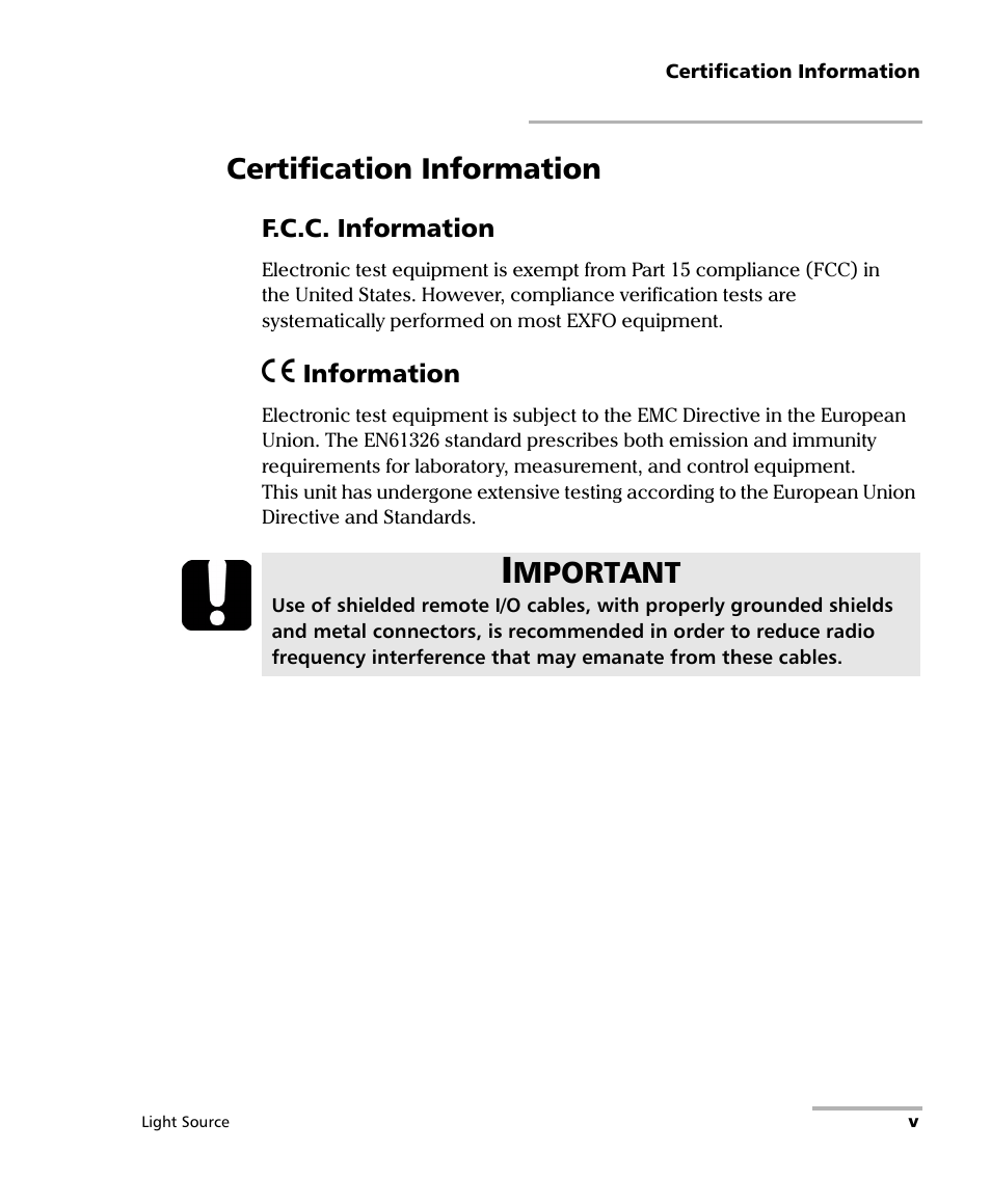 Certification information, Mportant | EXFO IQS-2100 Light Source for IQS-500/600 User Manual | Page 5 / 82