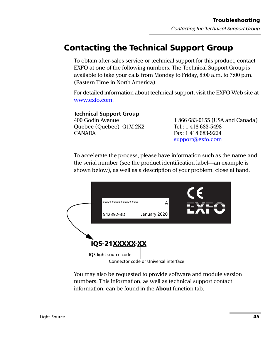 Contacting the technical support group | EXFO IQS-2100 Light Source for IQS-500/600 User Manual | Page 51 / 82
