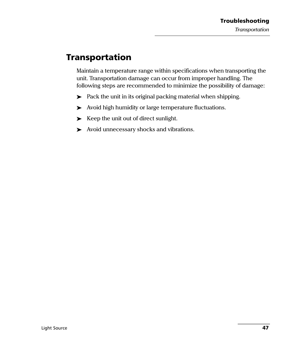 Transportation | EXFO IQS-2100 Light Source for IQS-500/600 User Manual | Page 53 / 82