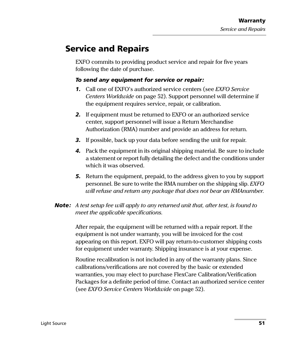 Service and repairs | EXFO IQS-2100 Light Source for IQS-500/600 User Manual | Page 57 / 82