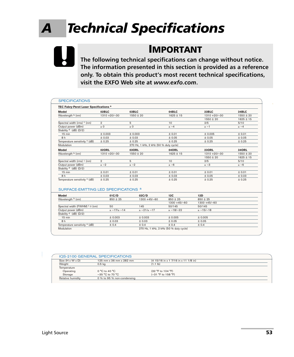 A technical specifications, Mportant, Light source | EXFO IQS-2100 Light Source for IQS-500/600 User Manual | Page 59 / 82