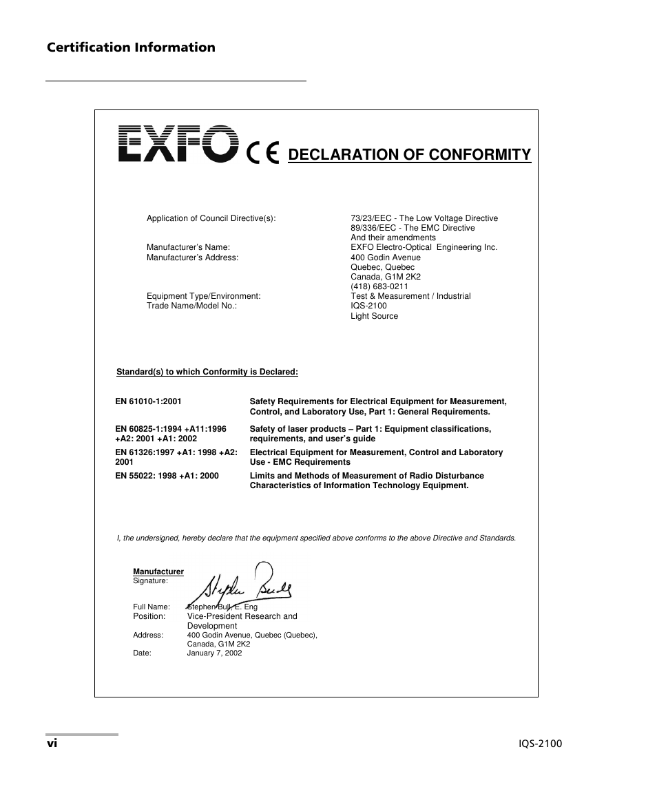 Declaration of conformity, Certification information | EXFO IQS-2100 Light Source for IQS-500/600 User Manual | Page 6 / 82