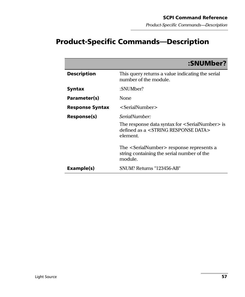 Product-specific commands-description, Product-specific commands—description, Snumber | EXFO IQS-2100 Light Source for IQS-500/600 User Manual | Page 63 / 82
