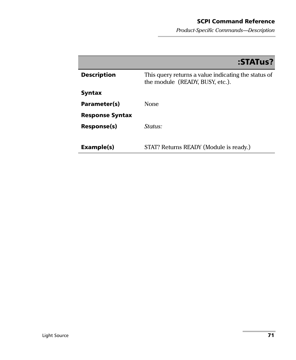 Status | EXFO IQS-2100 Light Source for IQS-500/600 User Manual | Page 77 / 82