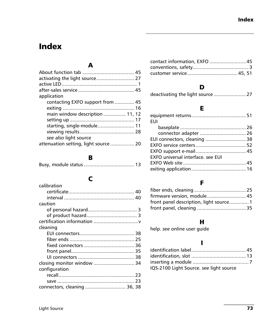Index | EXFO IQS-2100 Light Source for IQS-500/600 User Manual | Page 79 / 82
