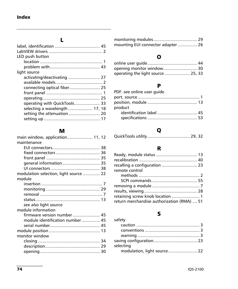EXFO IQS-2100 Light Source for IQS-500/600 User Manual | Page 80 / 82
