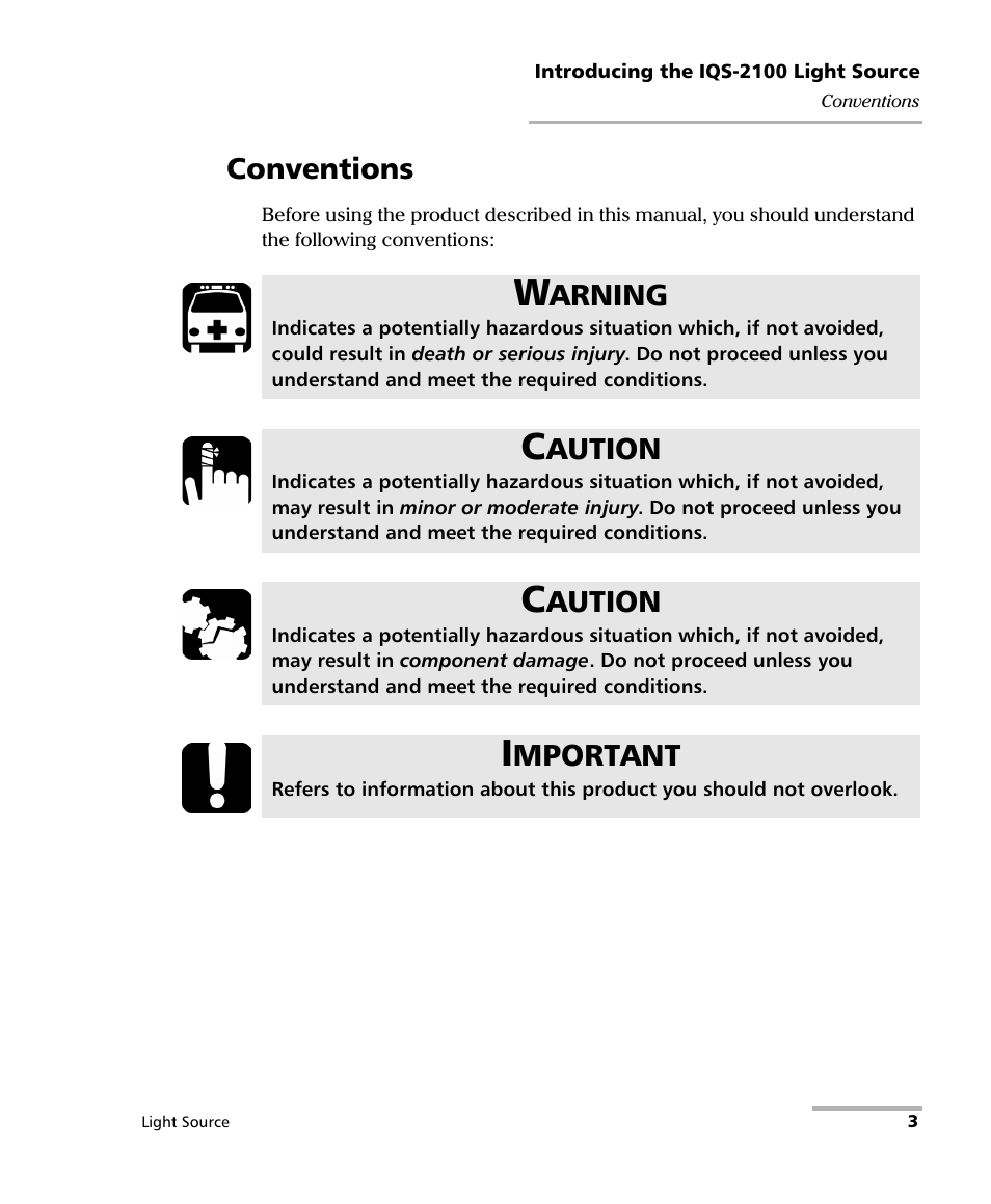 Conventions, Arning, Aution | Mportant | EXFO IQS-2100 Light Source for IQS-500/600 User Manual | Page 9 / 82