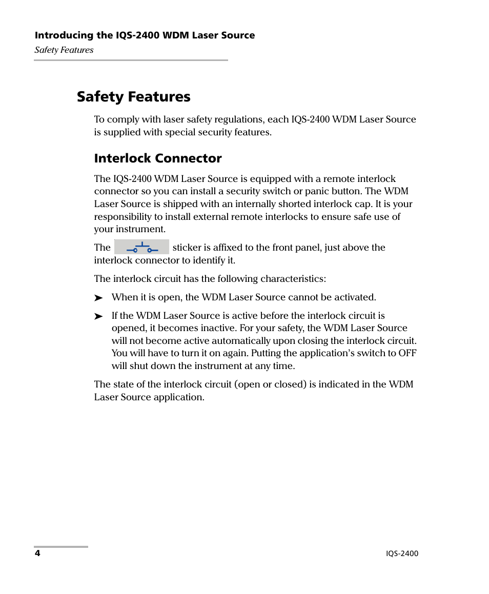 Safety features, Interlock connector | EXFO IQS-2400 WDM Laser Source for IQS-500/600 User Manual | Page 10 / 194