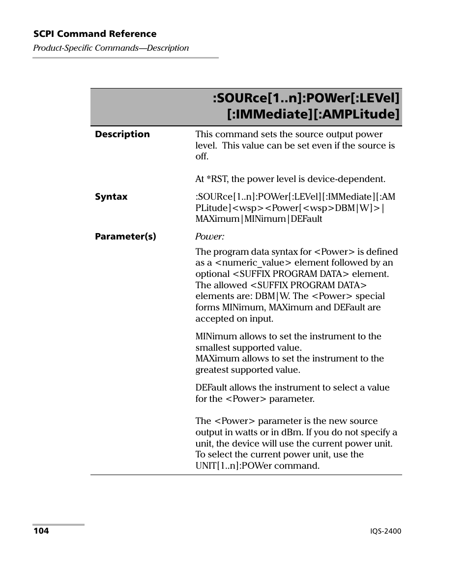 Source[1..n]:power[:level] [:immediate][:amplitude | EXFO IQS-2400 WDM Laser Source for IQS-500/600 User Manual | Page 110 / 194