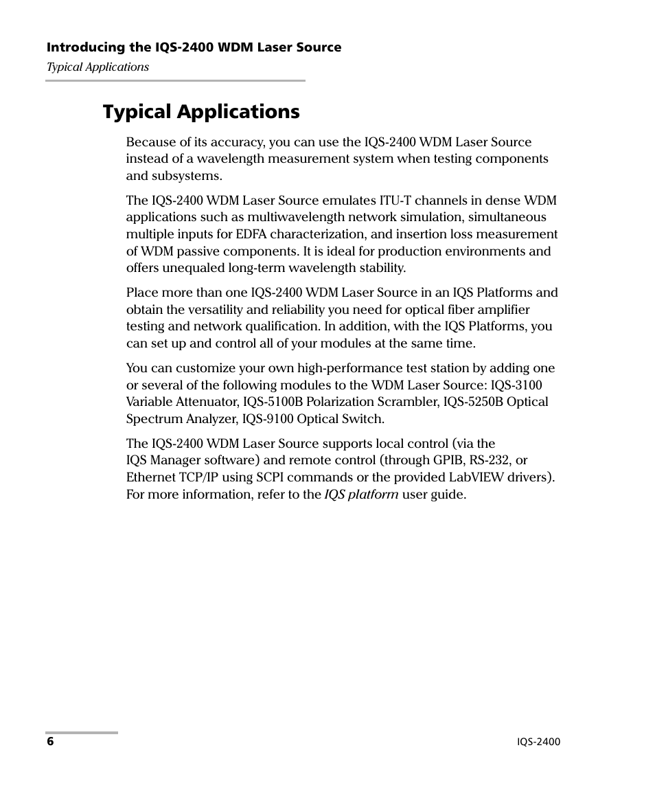 Typical applications | EXFO IQS-2400 WDM Laser Source for IQS-500/600 User Manual | Page 12 / 194