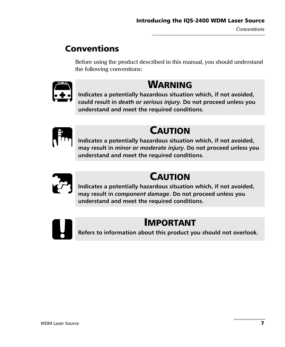 Conventions, Arning, Aution | Mportant | EXFO IQS-2400 WDM Laser Source for IQS-500/600 User Manual | Page 13 / 194