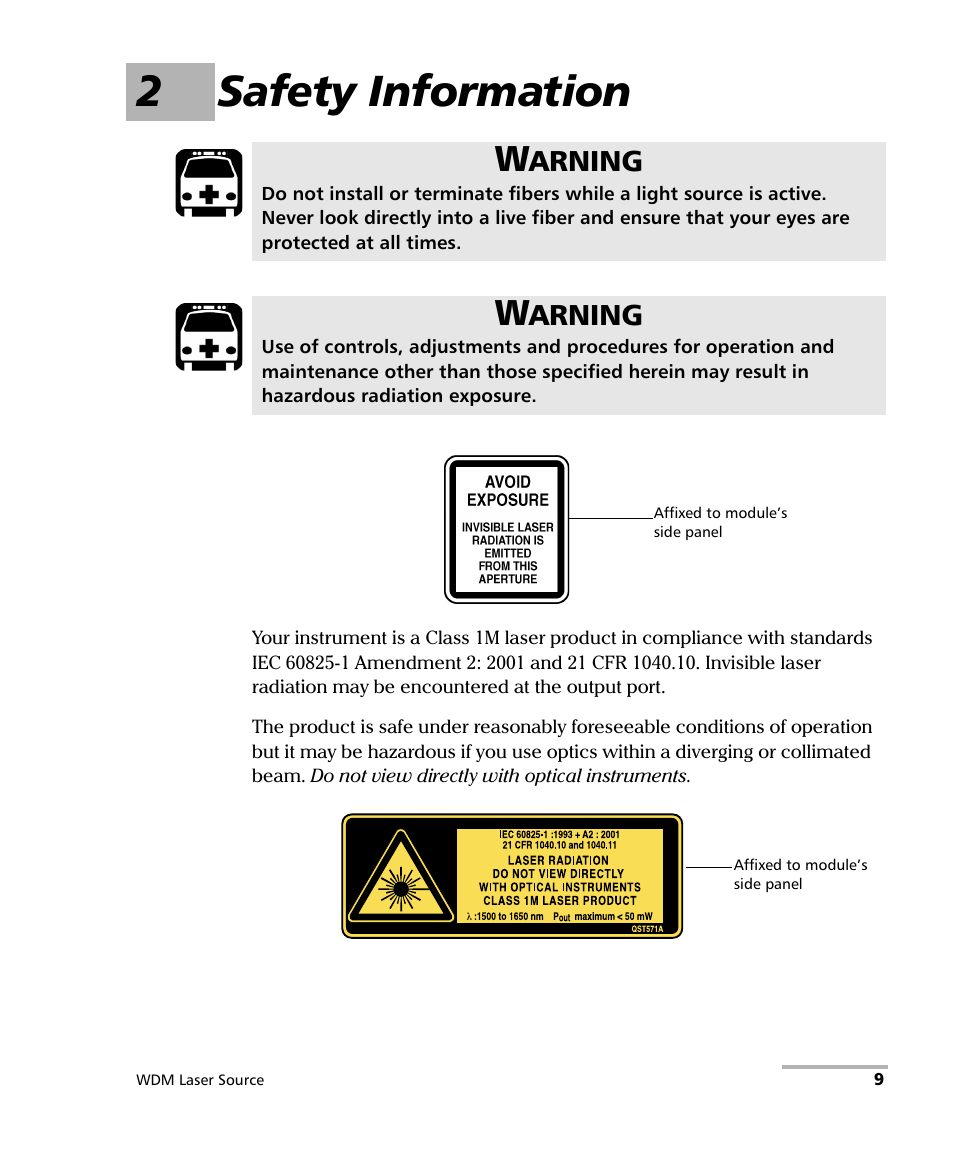 2 safety information, 2safety information | EXFO IQS-2400 WDM Laser Source for IQS-500/600 User Manual | Page 15 / 194