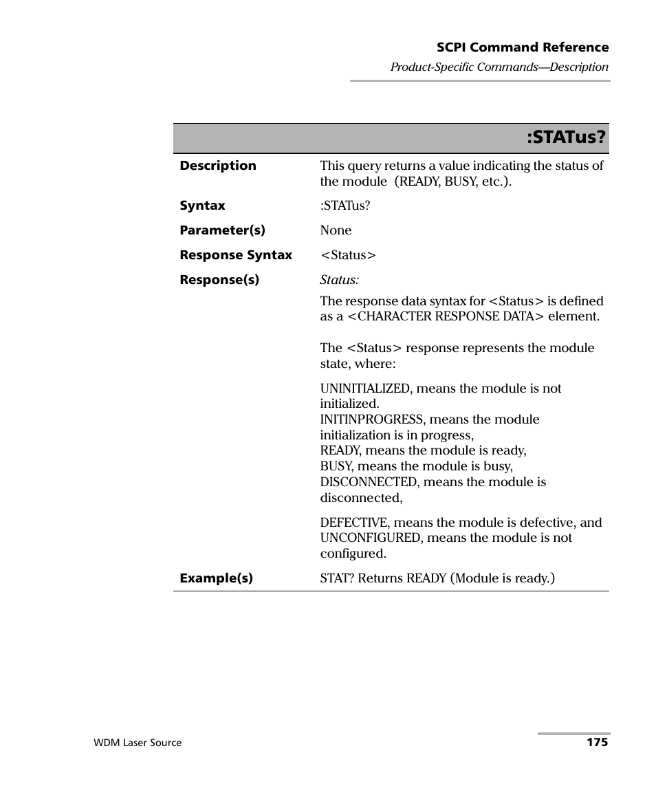 Status | EXFO IQS-2400 WDM Laser Source for IQS-500/600 User Manual | Page 181 / 194