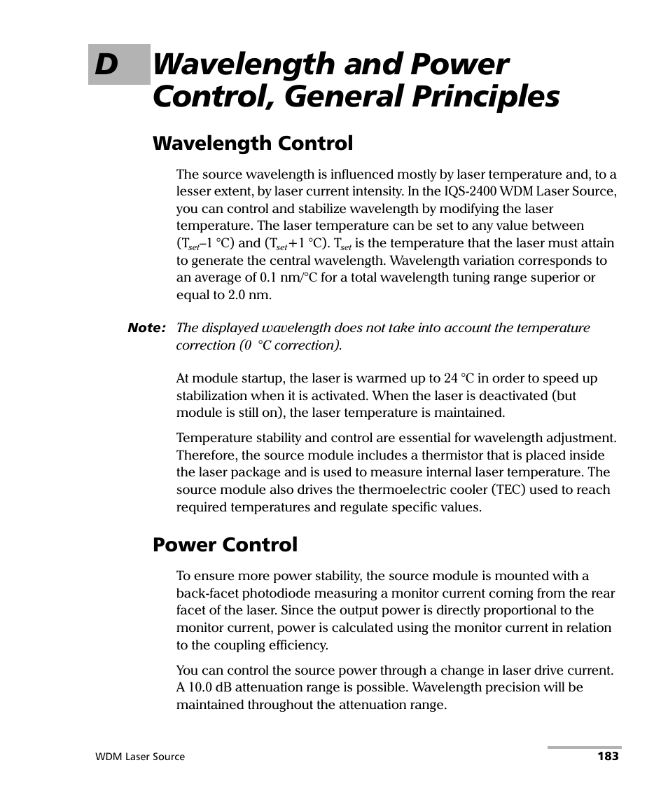 D wavelength and power control, general principles, Wavelength control, Power control | Wavelength control power control | EXFO IQS-2400 WDM Laser Source for IQS-500/600 User Manual | Page 189 / 194