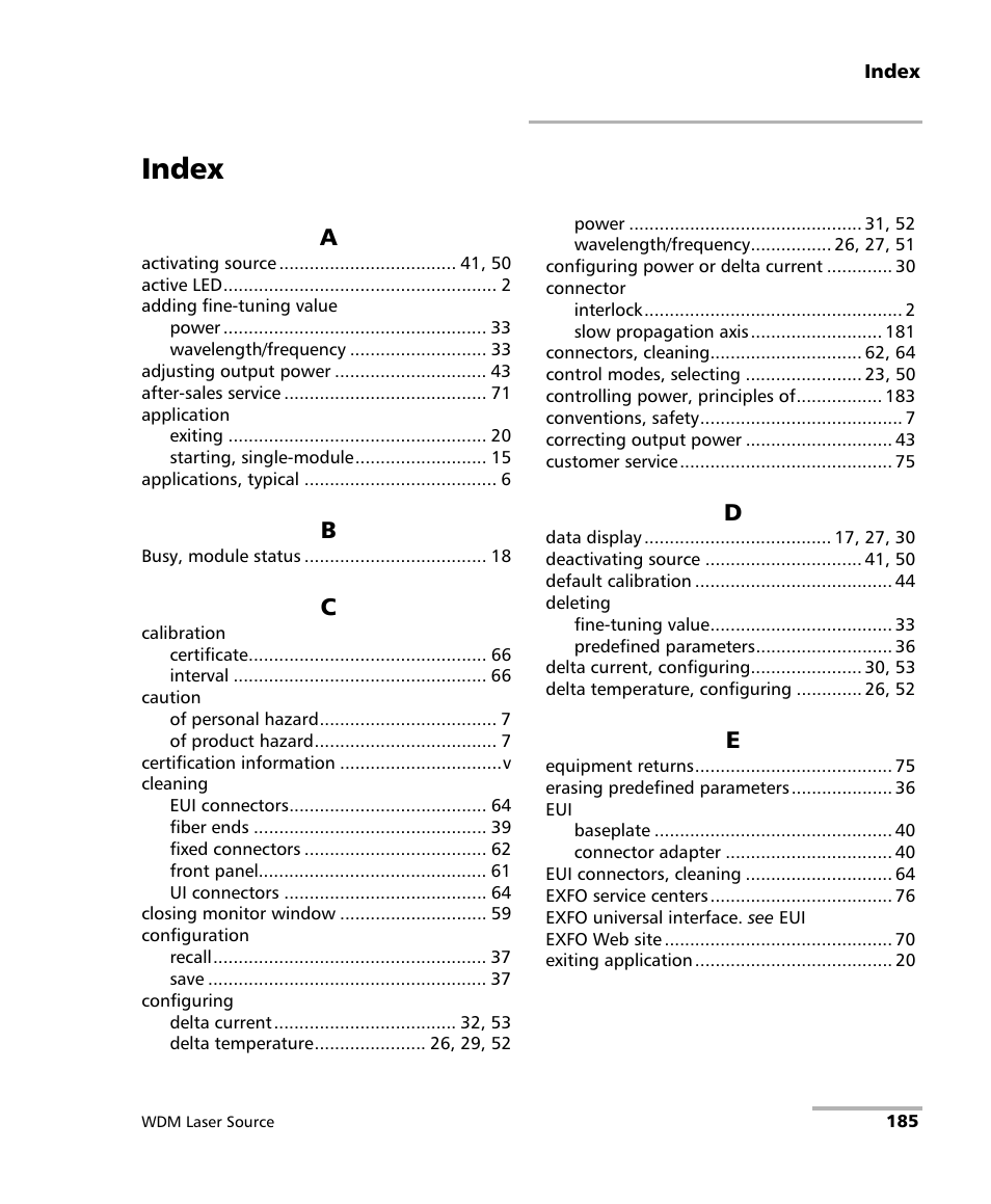 Index | EXFO IQS-2400 WDM Laser Source for IQS-500/600 User Manual | Page 191 / 194