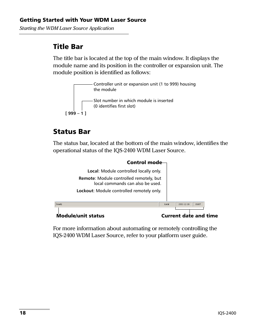 Title bar, Status bar | EXFO IQS-2400 WDM Laser Source for IQS-500/600 User Manual | Page 24 / 194