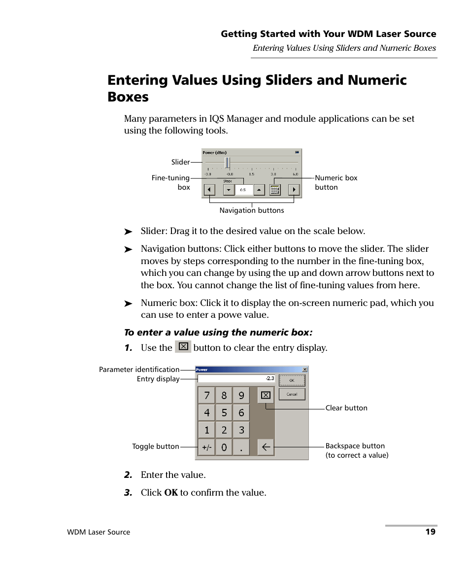 Entering values using sliders and numeric boxes | EXFO IQS-2400 WDM Laser Source for IQS-500/600 User Manual | Page 25 / 194