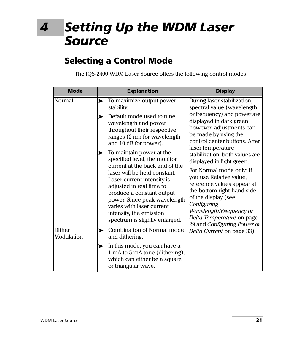 4 setting up the wdm laser source, Selecting a control mode, 4setting up the wdm laser source | EXFO IQS-2400 WDM Laser Source for IQS-500/600 User Manual | Page 27 / 194