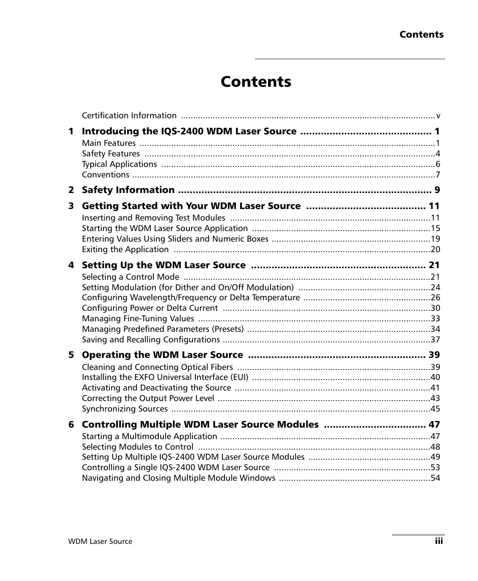 EXFO IQS-2400 WDM Laser Source for IQS-500/600 User Manual | Page 3 / 194