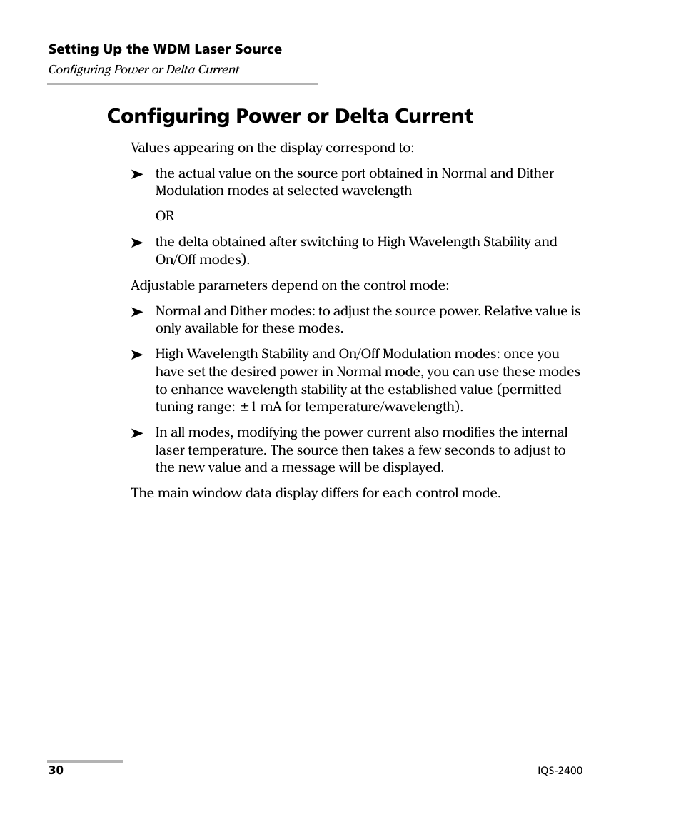 Configuring power or delta current | EXFO IQS-2400 WDM Laser Source for IQS-500/600 User Manual | Page 36 / 194