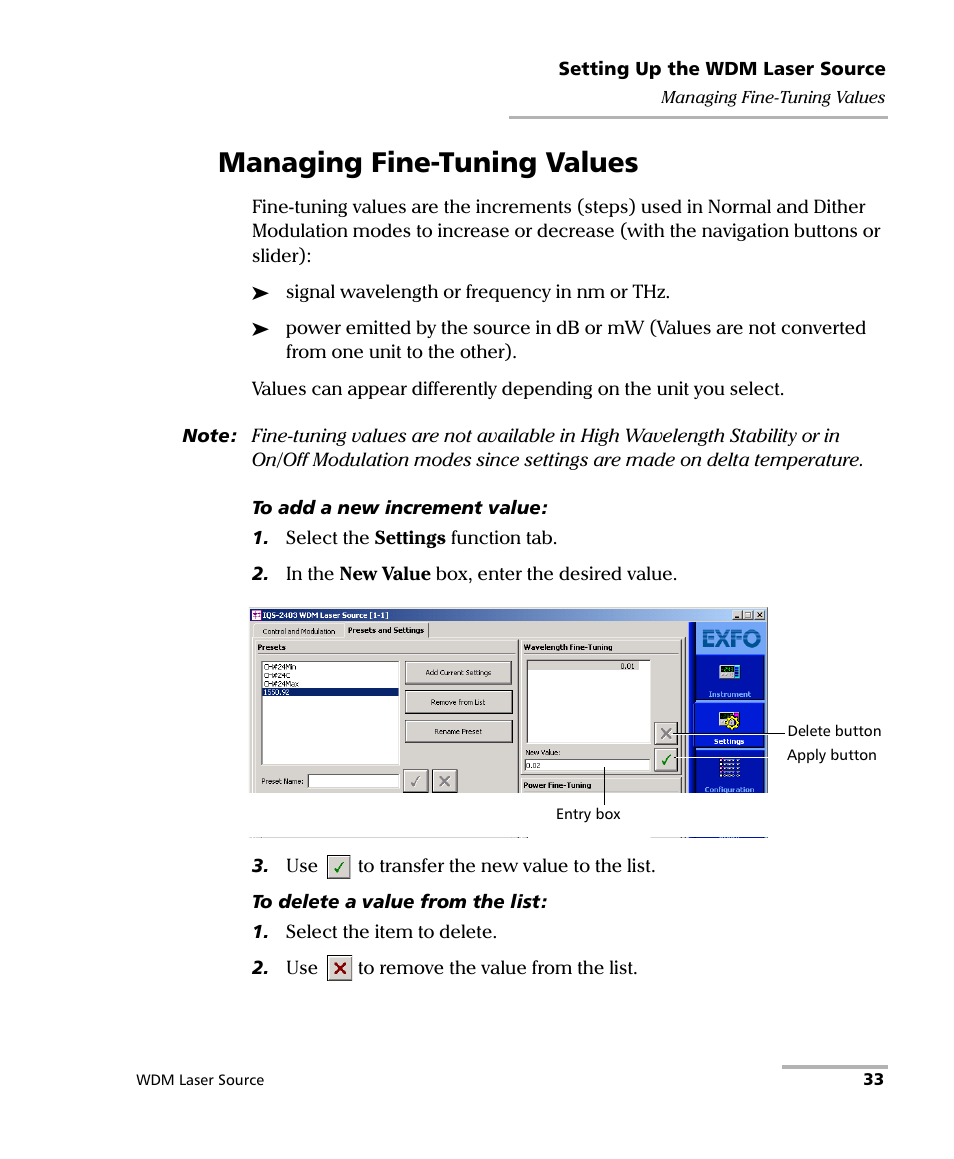 Managing fine-tuning values | EXFO IQS-2400 WDM Laser Source for IQS-500/600 User Manual | Page 39 / 194