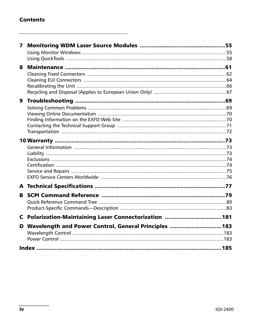 EXFO IQS-2400 WDM Laser Source for IQS-500/600 User Manual | Page 4 / 194