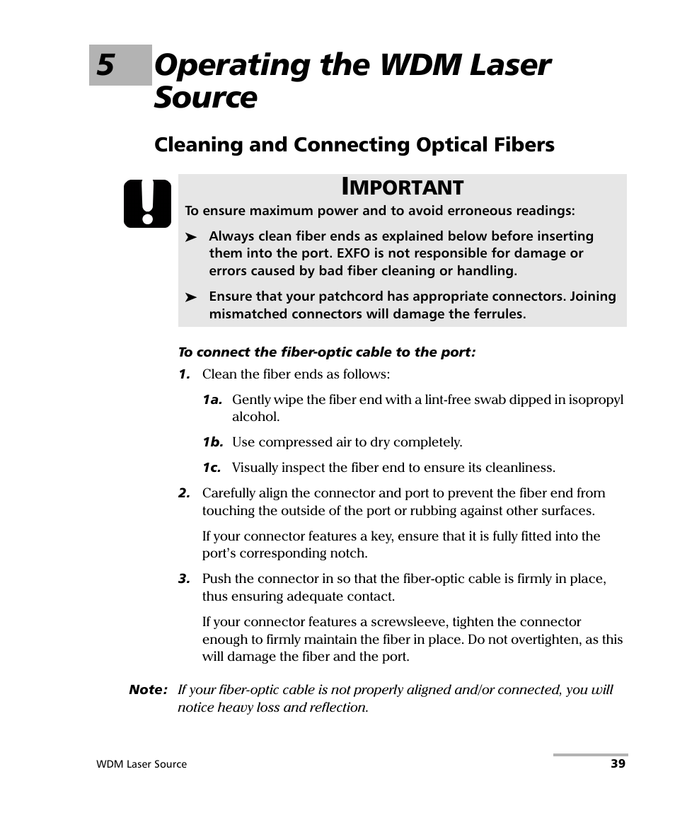 5 operating the wdm laser source, Cleaning and connecting optical fibers, 5operating the wdm laser source | Mportant | EXFO IQS-2400 WDM Laser Source for IQS-500/600 User Manual | Page 45 / 194