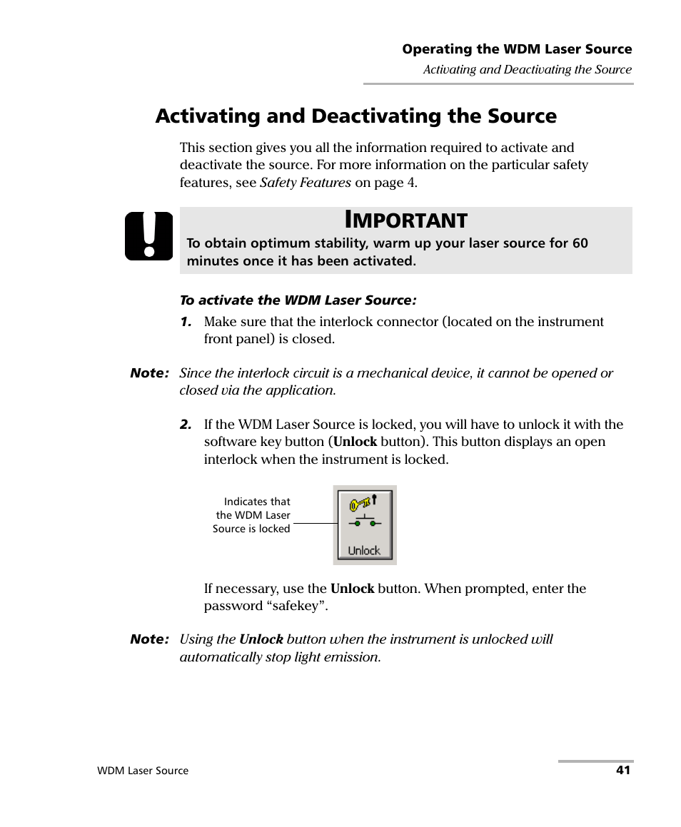 Activating and deactivating the source, Mportant | EXFO IQS-2400 WDM Laser Source for IQS-500/600 User Manual | Page 47 / 194