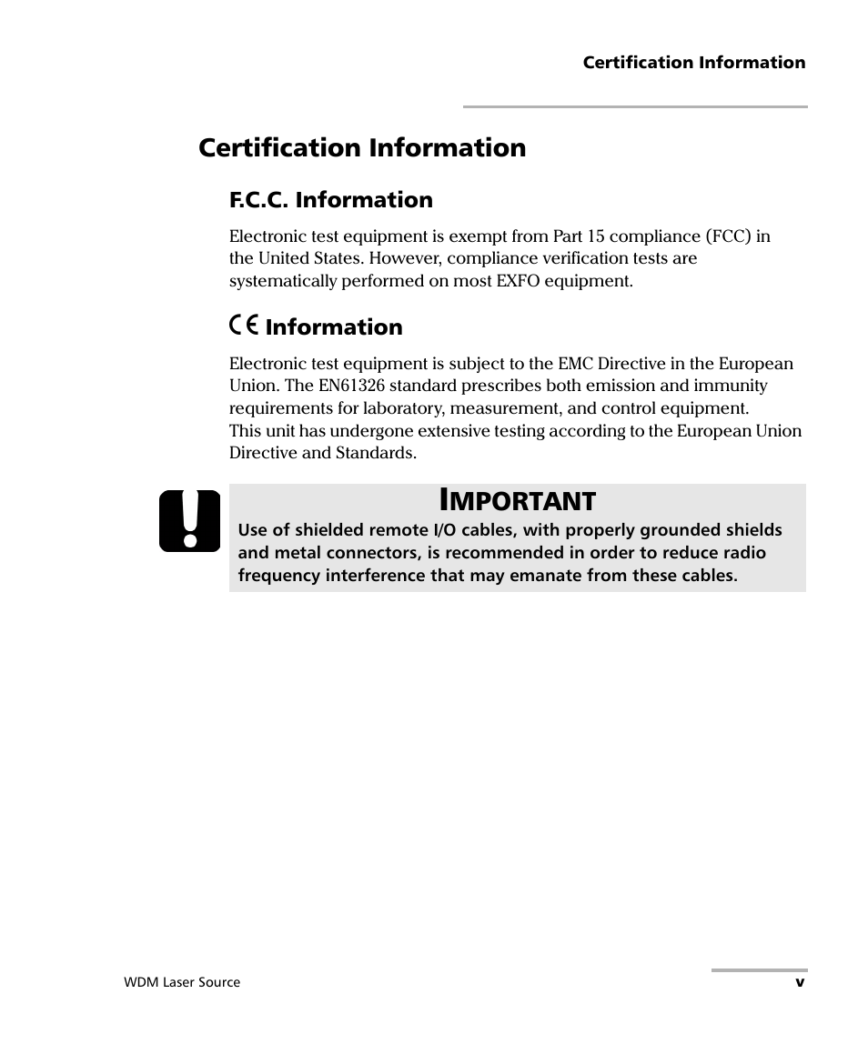 Certification information, Mportant | EXFO IQS-2400 WDM Laser Source for IQS-500/600 User Manual | Page 5 / 194