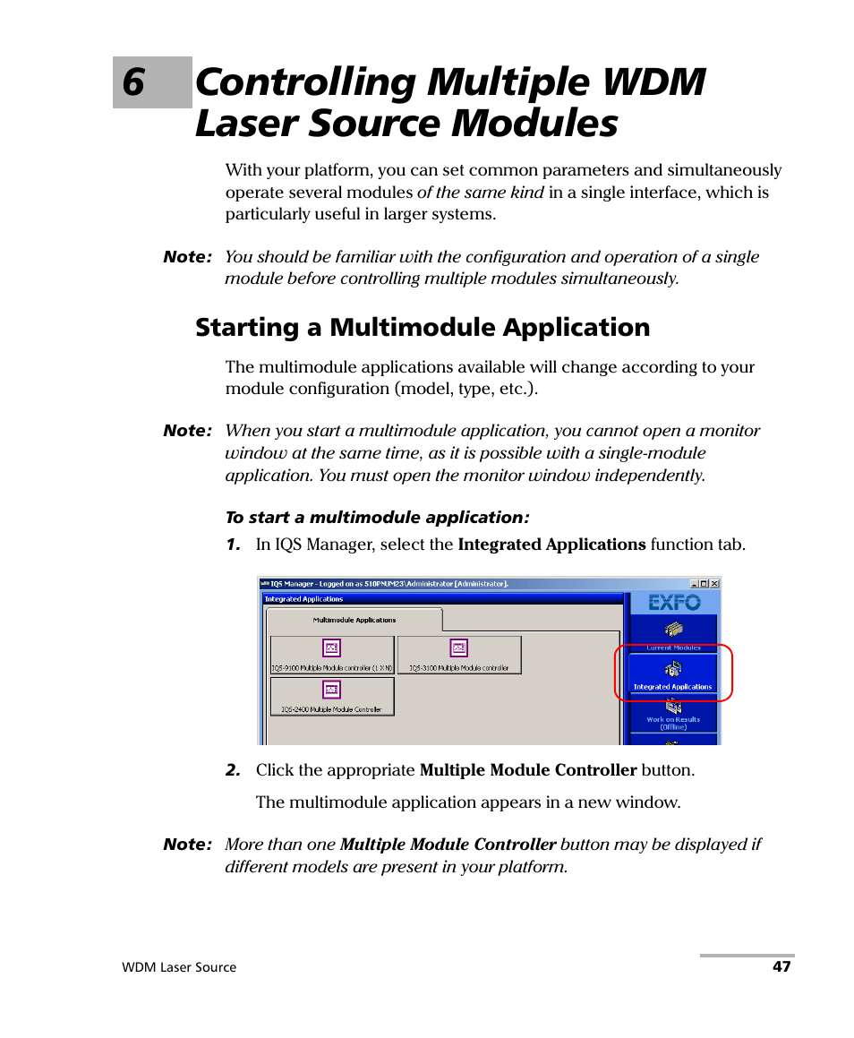 6 controlling multiple wdm laser source modules, Starting a multimodule application, 6controlling multiple wdm laser source modules | EXFO IQS-2400 WDM Laser Source for IQS-500/600 User Manual | Page 53 / 194