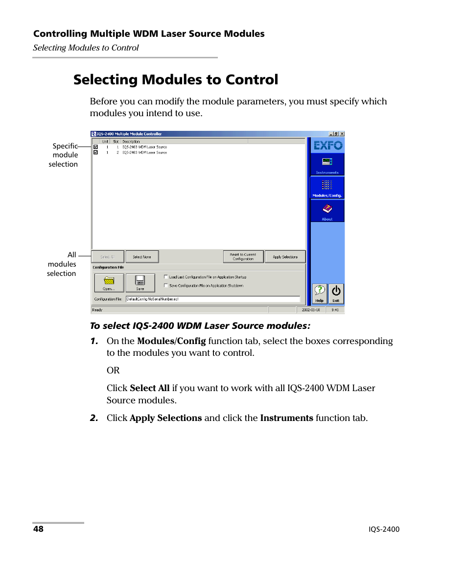 Selecting modules to control | EXFO IQS-2400 WDM Laser Source for IQS-500/600 User Manual | Page 54 / 194