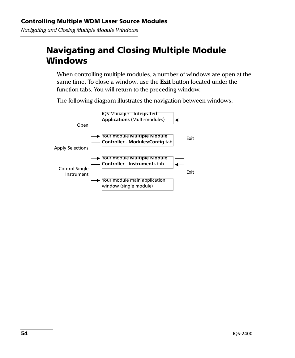 Navigating and closing multiple module windows | EXFO IQS-2400 WDM Laser Source for IQS-500/600 User Manual | Page 60 / 194