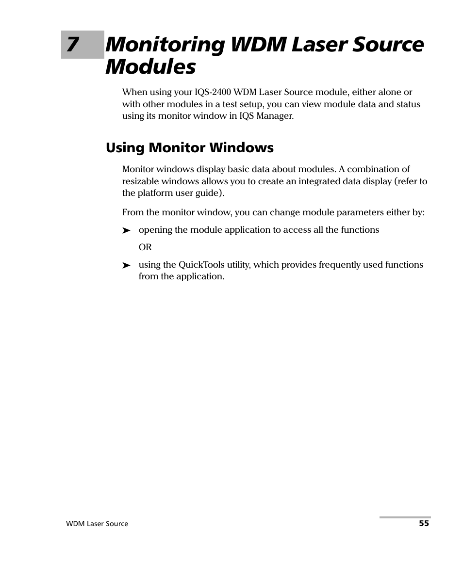 7 monitoring wdm laser source modules, Using monitor windows, 7monitoring wdm laser source modules | EXFO IQS-2400 WDM Laser Source for IQS-500/600 User Manual | Page 61 / 194