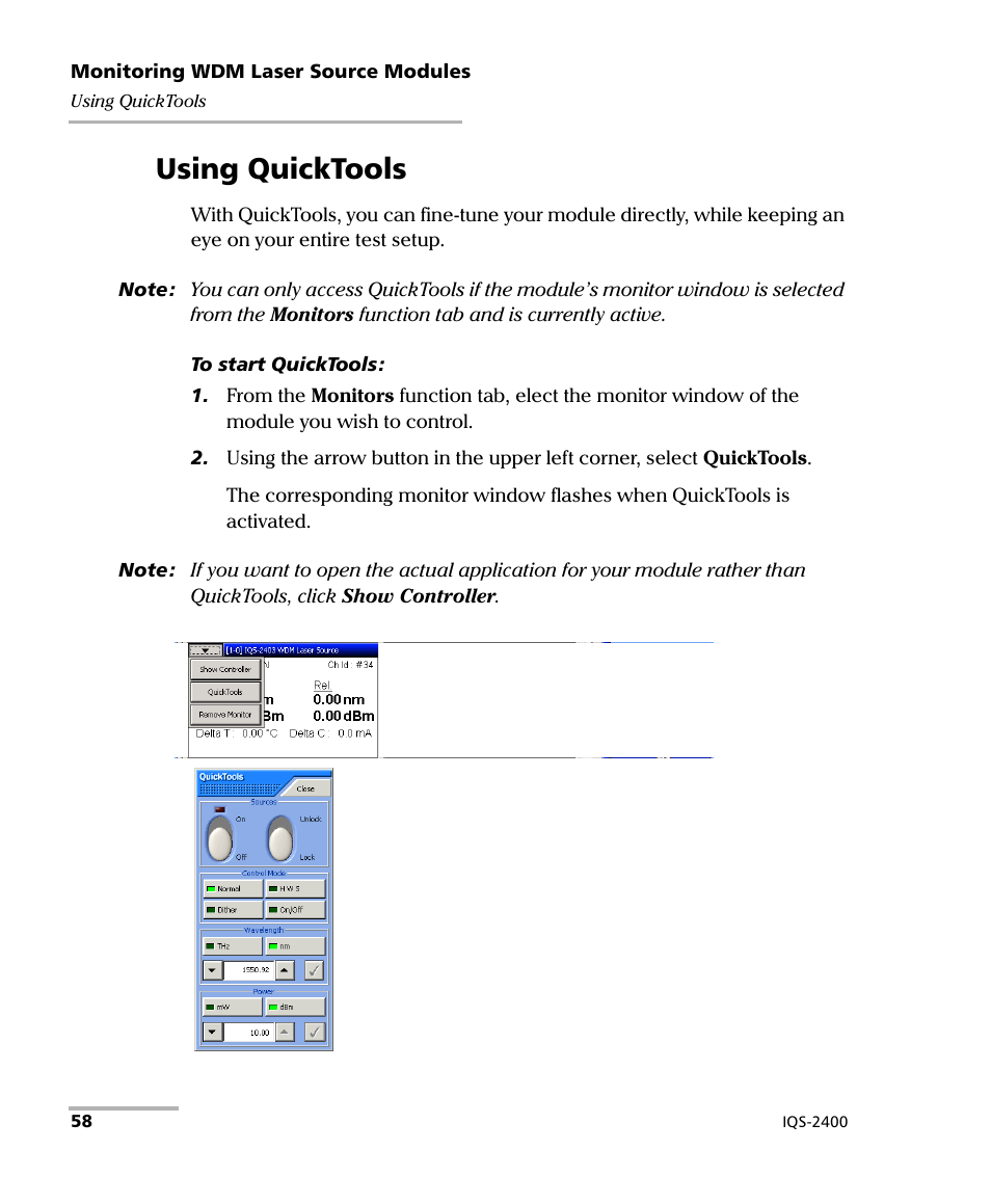 Using quicktools | EXFO IQS-2400 WDM Laser Source for IQS-500/600 User Manual | Page 64 / 194