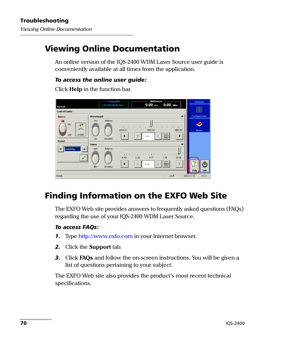 Viewing online documentation, Finding information on the exfo web site | EXFO IQS-2400 WDM Laser Source for IQS-500/600 User Manual | Page 76 / 194