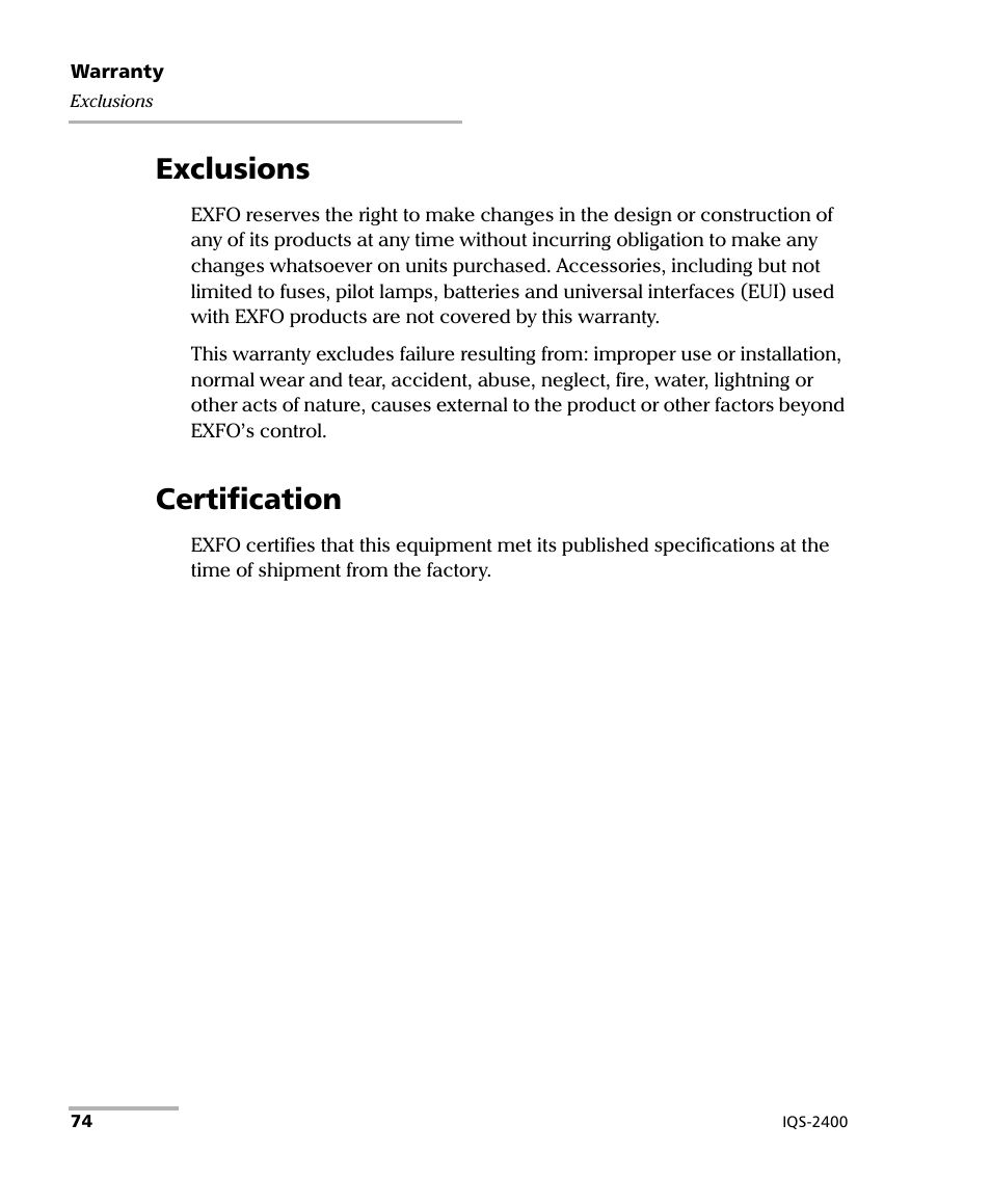 Exclusions, Certification, Exclusions certification | EXFO IQS-2400 WDM Laser Source for IQS-500/600 User Manual | Page 80 / 194